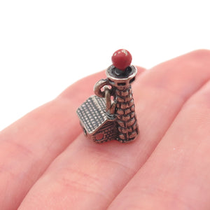 925 Sterling Silver Vintage Enamel Lighthouse Oxidized 3D Charm Pendant