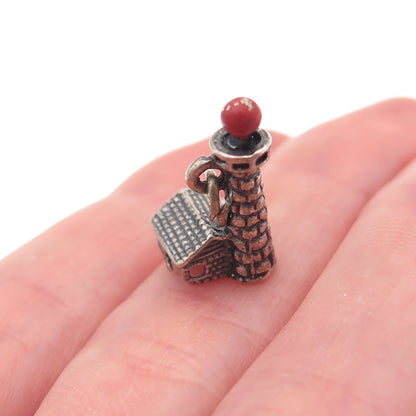 925 Sterling Silver Vintage Enamel Lighthouse Oxidized 3D Charm Pendant