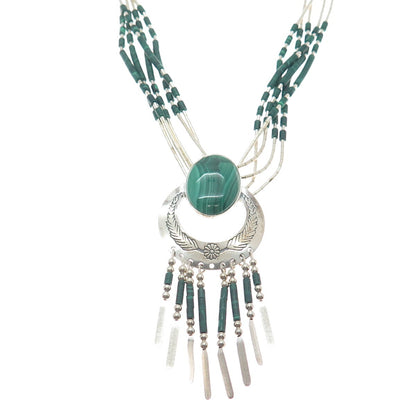 THOMAS SINGER Old Pawn Sterling Silver Vintage Malachite 5-Strand Necklace 22"