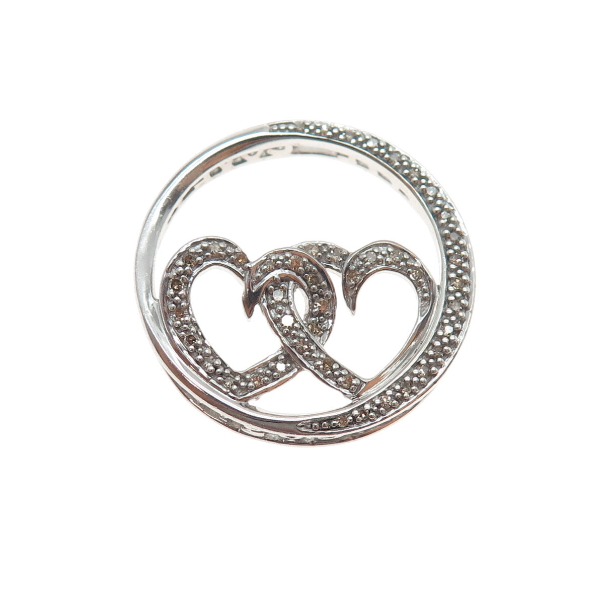 925 Sterling Silver Real Champagne Diamond Love Couple Heart Slide Pendant