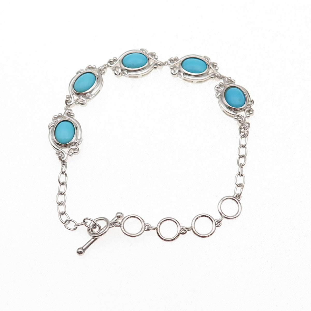 925 Sterling Silver Real Tyrone Turquoise Floral Bracelet 6.75-7.75"