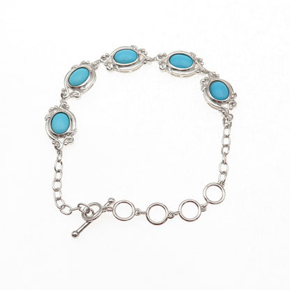 925 Sterling Silver Real Tyrone Turquoise Floral Bracelet 6.75-7.75"