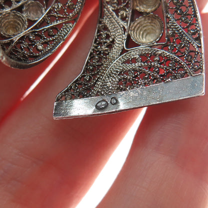 835 Silver Antique Sweden Filigree Ribbon Bow Oxidized Pin Brooch