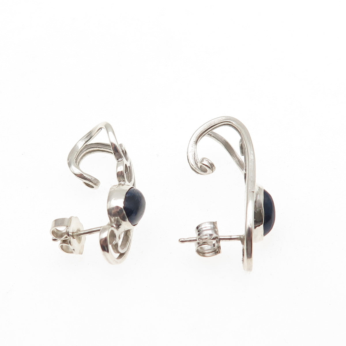 925 Sterling Silver Vintage Real Sodalite Modernist Ornate Claw Earrings