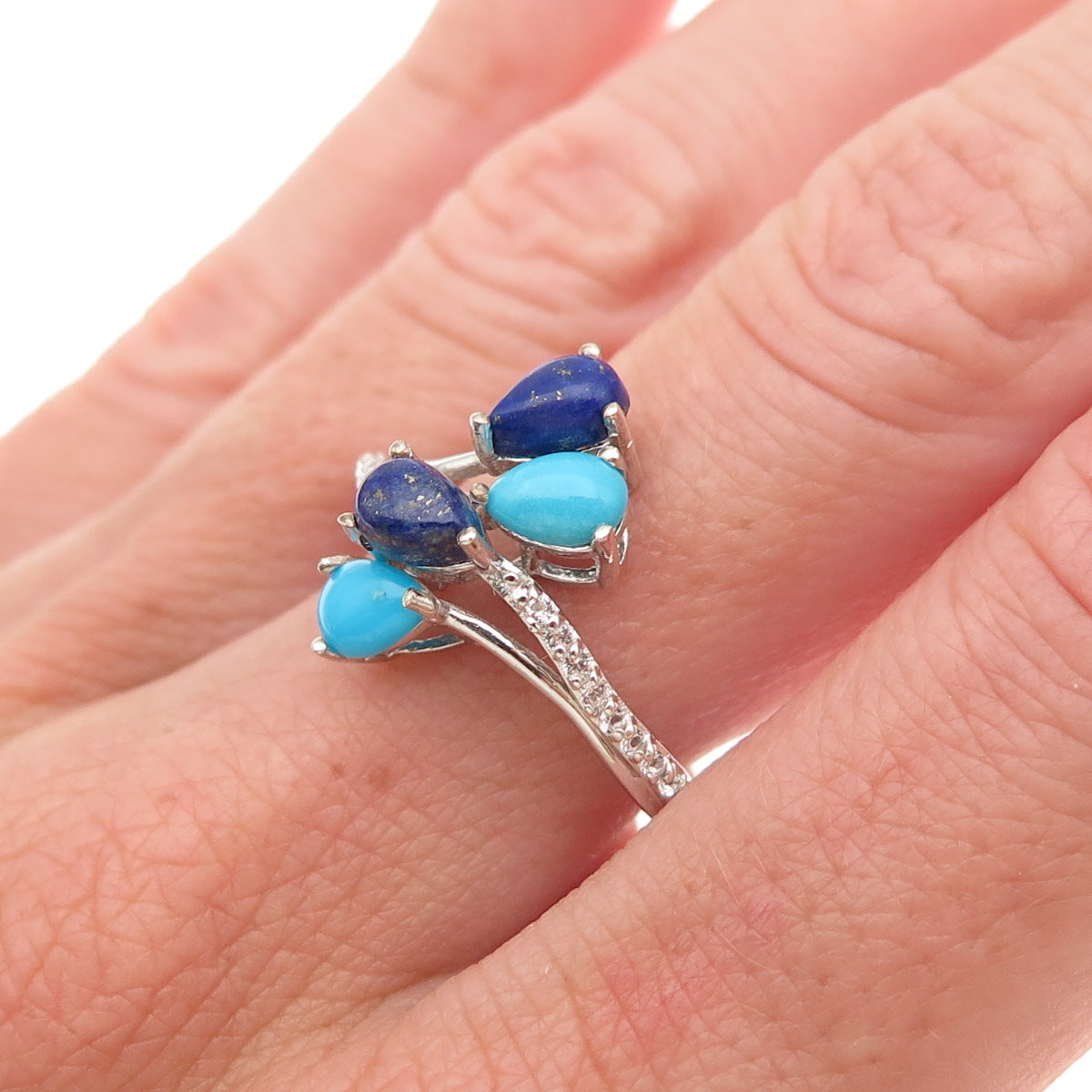 Chuck Clemency 925 Sterling Silver Real Turquoise Lapis & C Z Bypass Ring Size 8