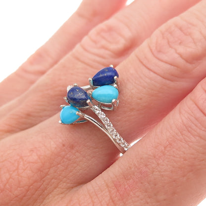 Chuck Clemency 925 Sterling Silver Real Turquoise Lapis & C Z Bypass Ring Size 8
