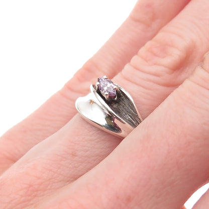 925 Sterling Vintage Marquise-Cut Purple C Z Modernist Oxidized Ring Size 6