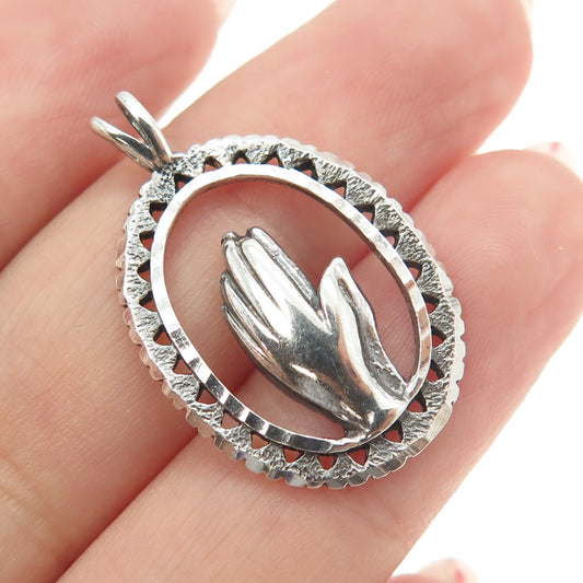 925 Sterling Silver Vintage Prayer Hands Oxidized Pendant