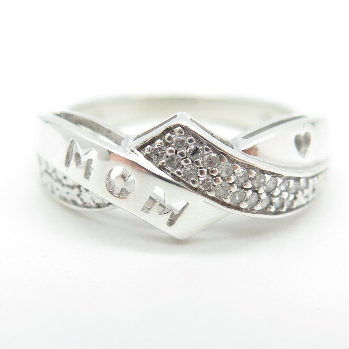 HN HENG NGAI 925 Sterling Silver Real Round-Cut Diamond "MOM" Ring Size 7