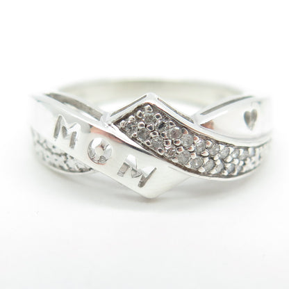 HN HENG NGAI 925 Sterling Silver Real Round-Cut Diamond "MOM" Ring Size 7