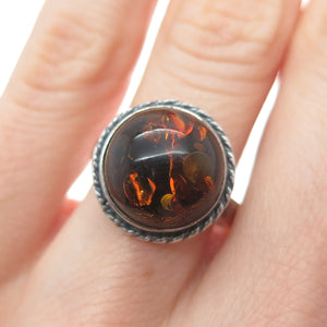 925 Sterling Silver Vintage Real Amber Modernist Oxidized Ring Size 6.5