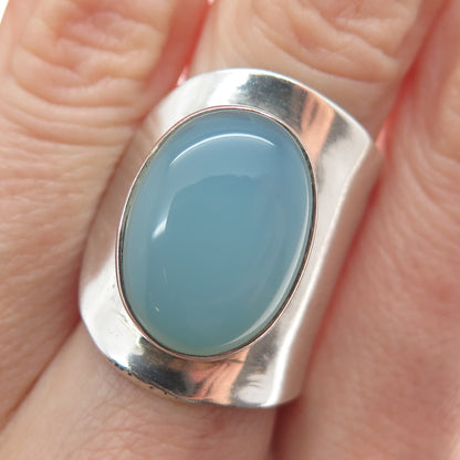 925 Sterling Silver Vintage Real Blue Chalcedony Gem Adjustable Ring Size 7