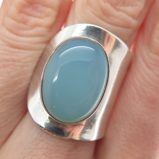 925 Sterling Silver Vintage Real Blue Chalcedony Gem Adjustable Ring Size 7