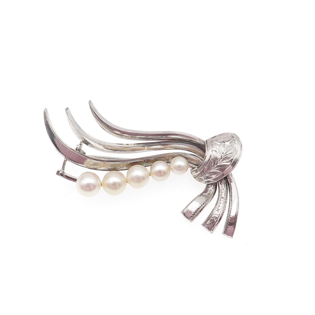 925 Sterling Silver Antique Art Deco Real Pearl Floral Pin Brooch