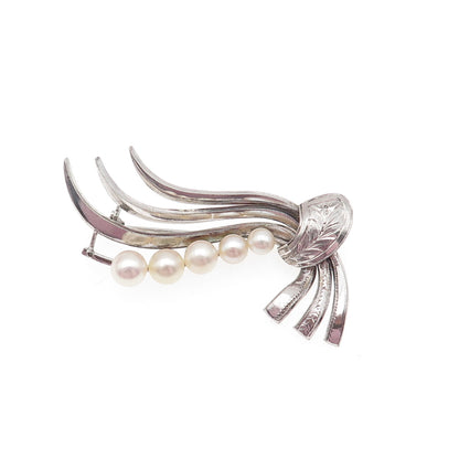 925 Sterling Silver Antique Art Deco Real Pearl Floral Pin Brooch