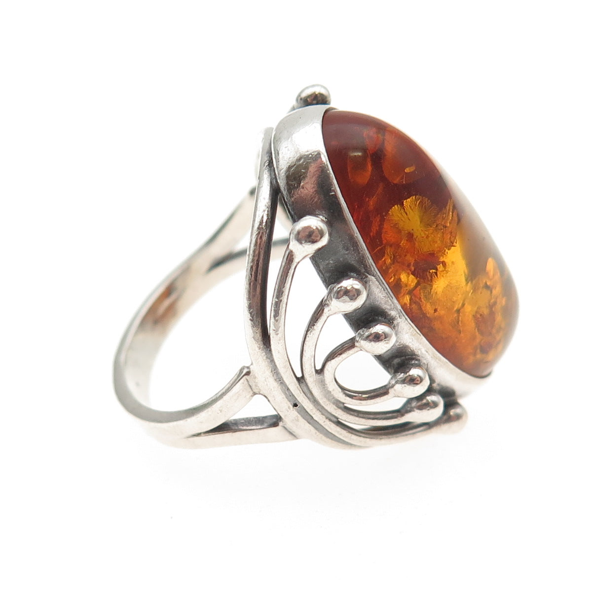 925 Sterling Silver Vintage Real Amber Modernist Oxidized Ring Size 6.75