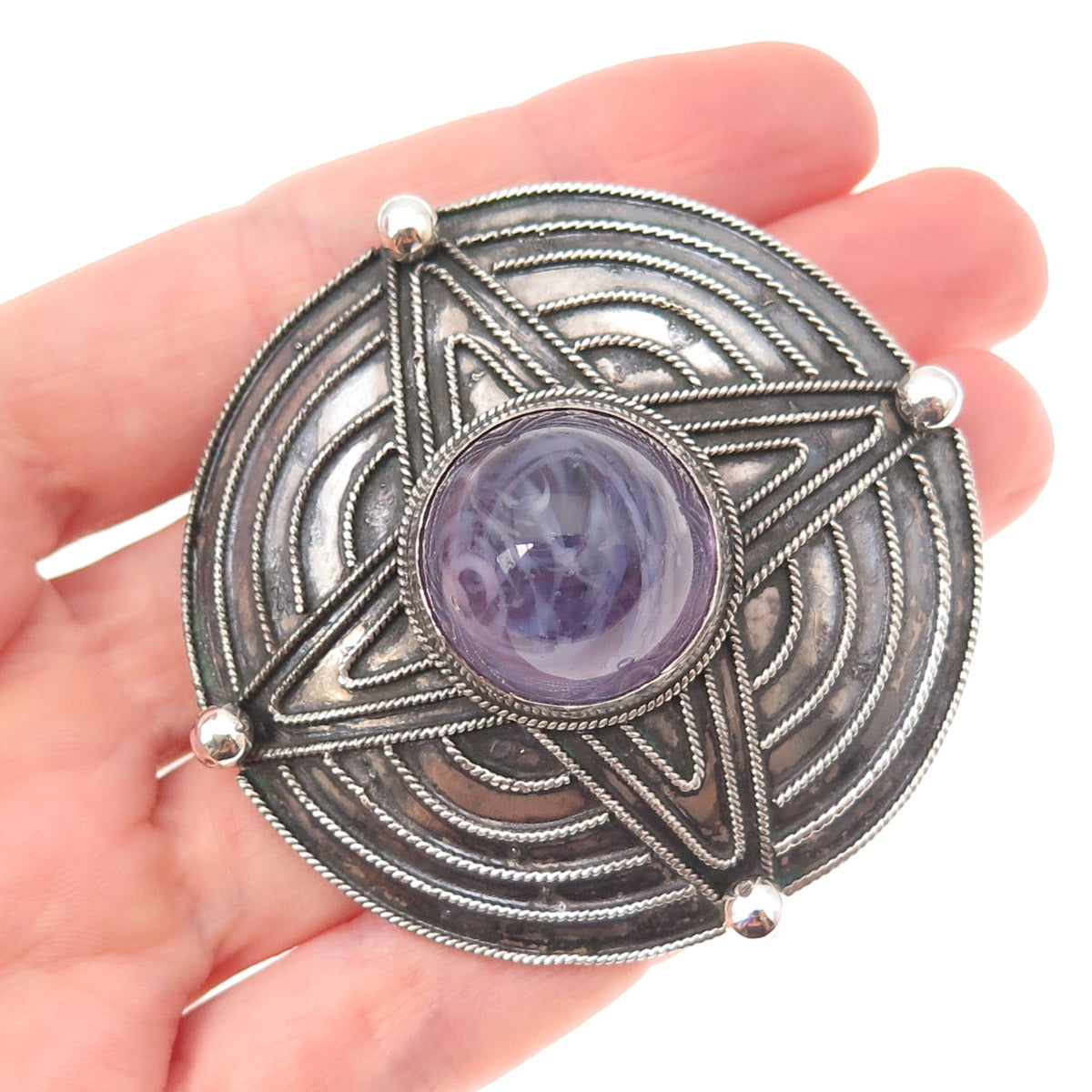 800 Silver Vintage Greece Murano Glass Star Oxidized Pin Brooch / Pendant