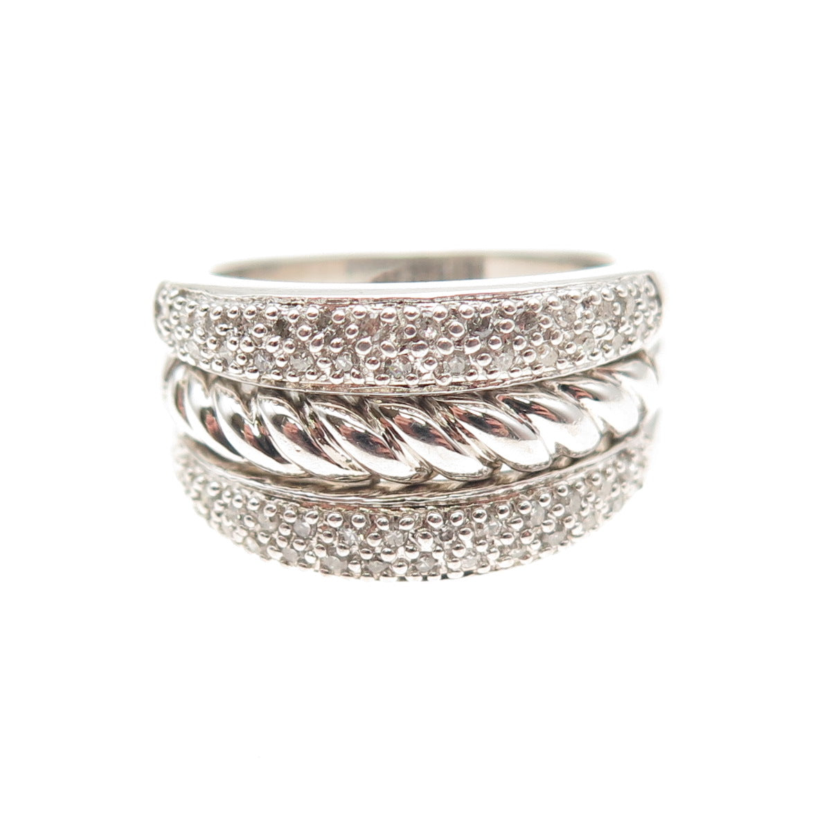 925 Sterling Silver Real Round-Cut Diamond Twisted 3-Row Ring Size 7.25