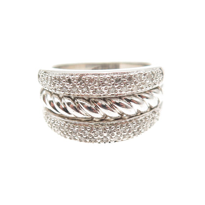 925 Sterling Silver Real Round-Cut Diamond Twisted 3-Row Ring Size 7.25