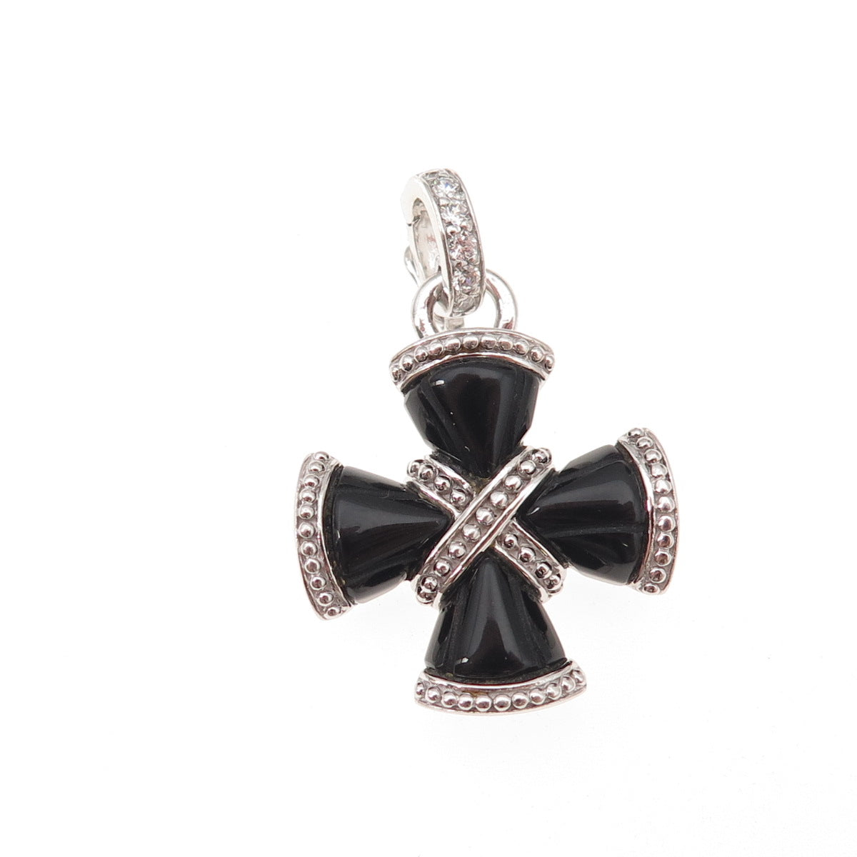 Judith Ripka 925 Sterling Silver Real Black Onyx & C Z Cross Charm Pendant