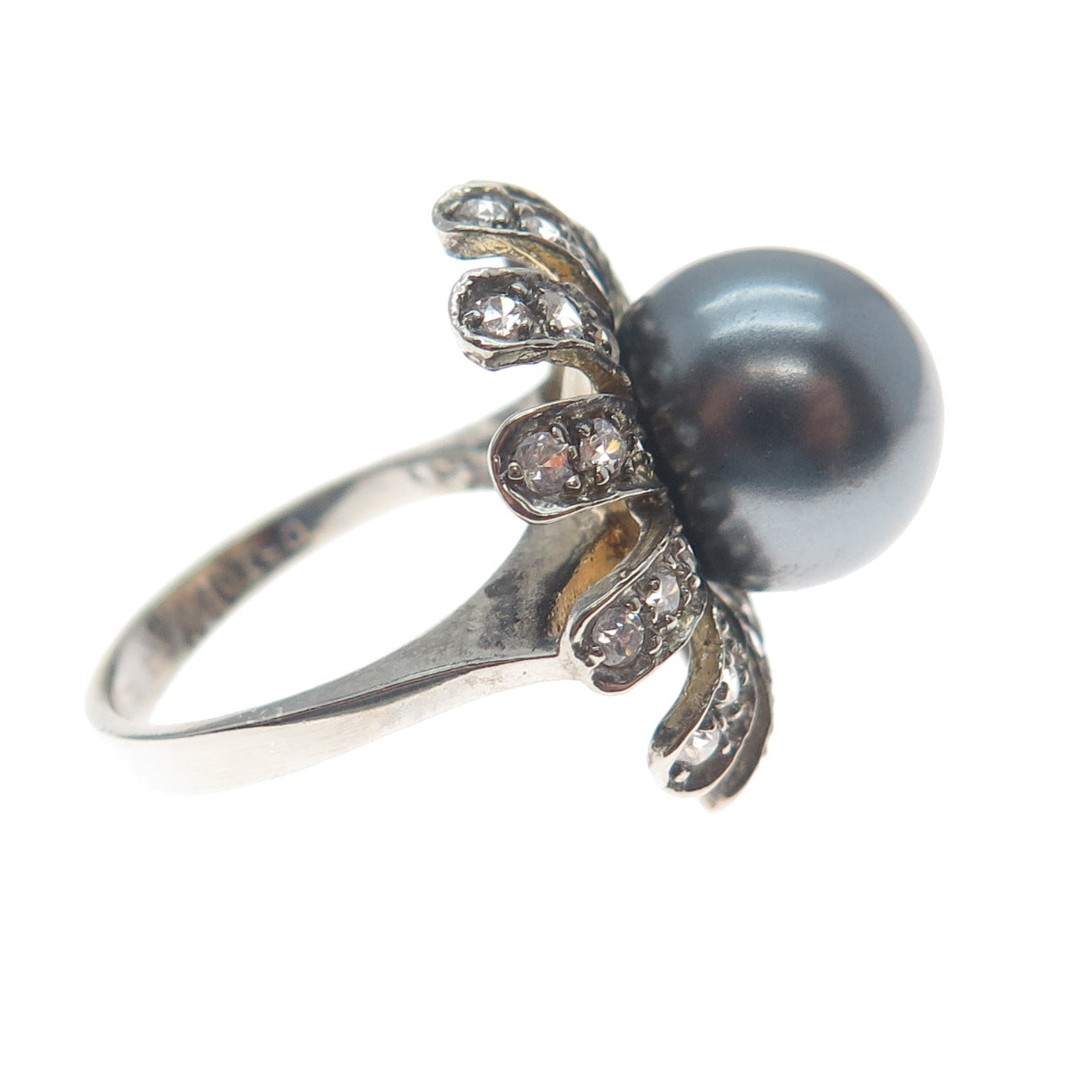 DBJ DEE BERKLE 925 Sterling Silver Vintage Faux Pearl & C Z Flower Ring Size 5.5