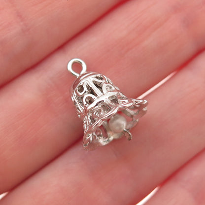 925 Sterling Silver Vintage Faux Pearl Ornate Bell 3D Mini Charm Pendant