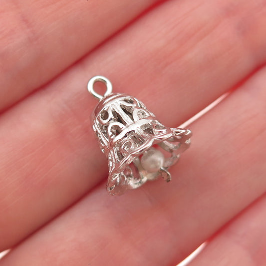 925 Sterling Silver Vintage Faux Pearl Ornate Bell 3D Mini Charm Pendant