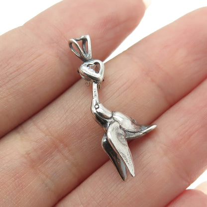 925 Sterling Silver Vintage Heart-Cut C Z Hummingbird Oxidized Mini Pendant