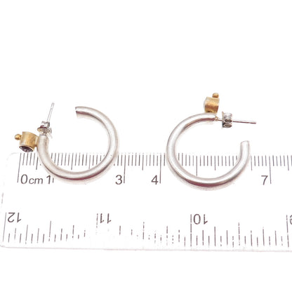 925 Sterling Silver 2-Tone Vintage Real Red Garnet Modernist Hoop Earrings