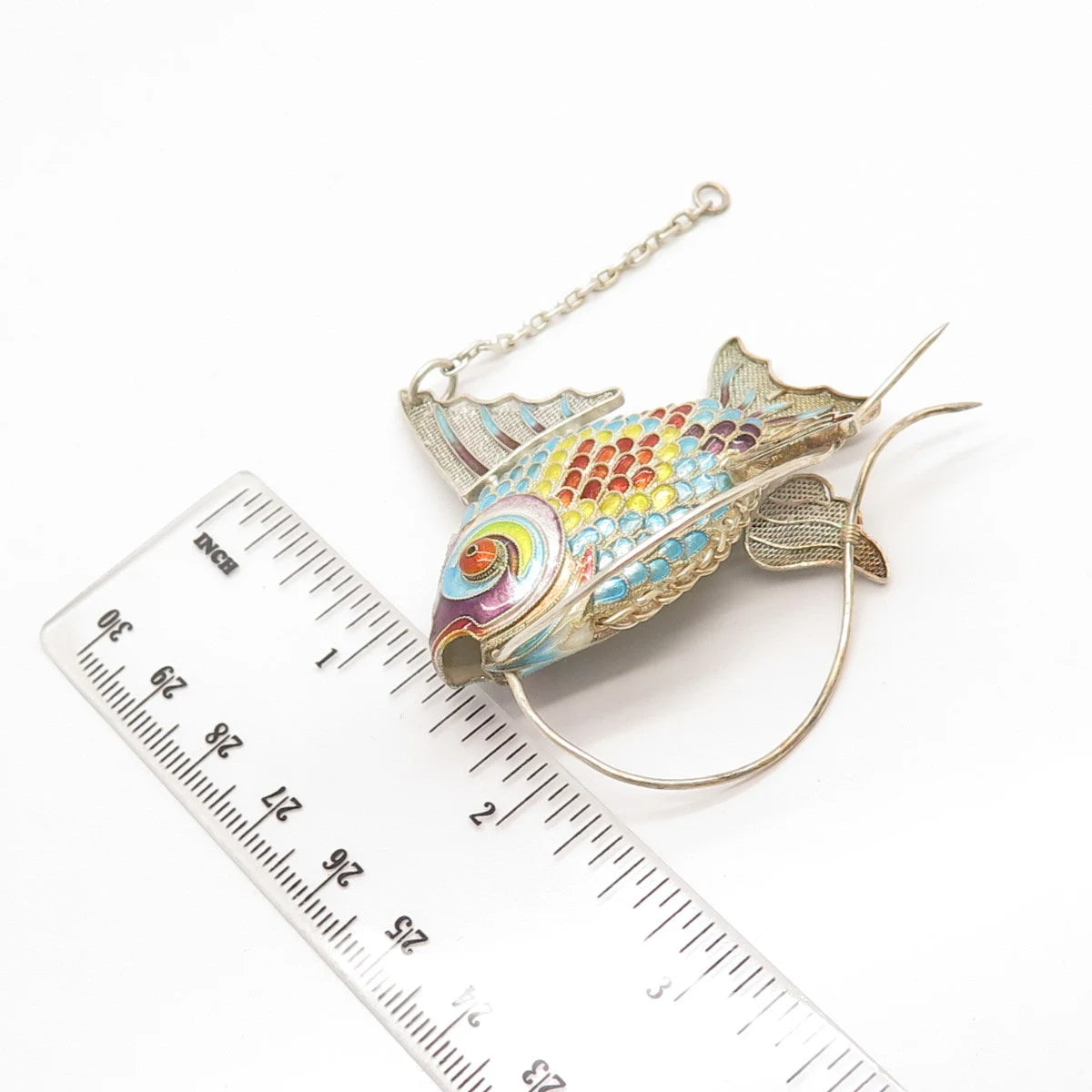 925 Sterling Silver Antique Colorful Enamel Articulated Chinese Koi Fish Fob