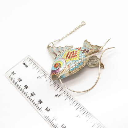 925 Sterling Silver Antique Colorful Enamel Articulated Chinese Koi Fish Fob