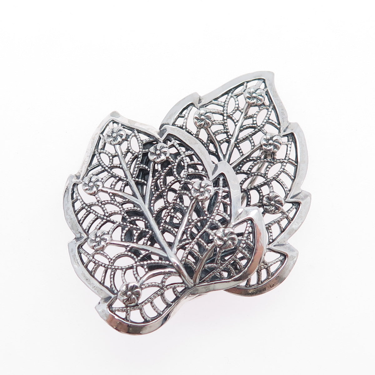 BEAU 925 Sterling Silver Vintage Floral Leaf Filigree Oxidized Pin Brooch