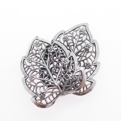 BEAU 925 Sterling Silver Vintage Floral Leaf Filigree Oxidized Pin Brooch
