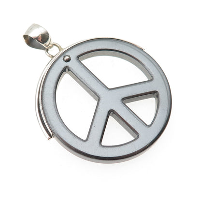 925 Sterling Silver Vintage Real Hematite Peace Symbol Charm Pendant