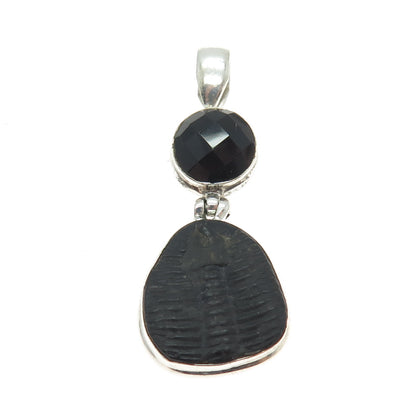 925 Sterling Silver Real Trilobite Fossil & Black Spinel Gem Amulet Pendant