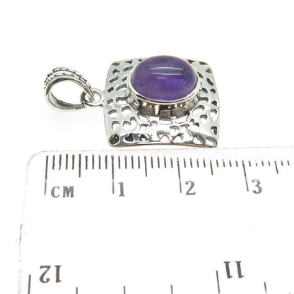 925 Sterling Silver Vintage Real Amethyst Gemstone Cutout Square Pendant