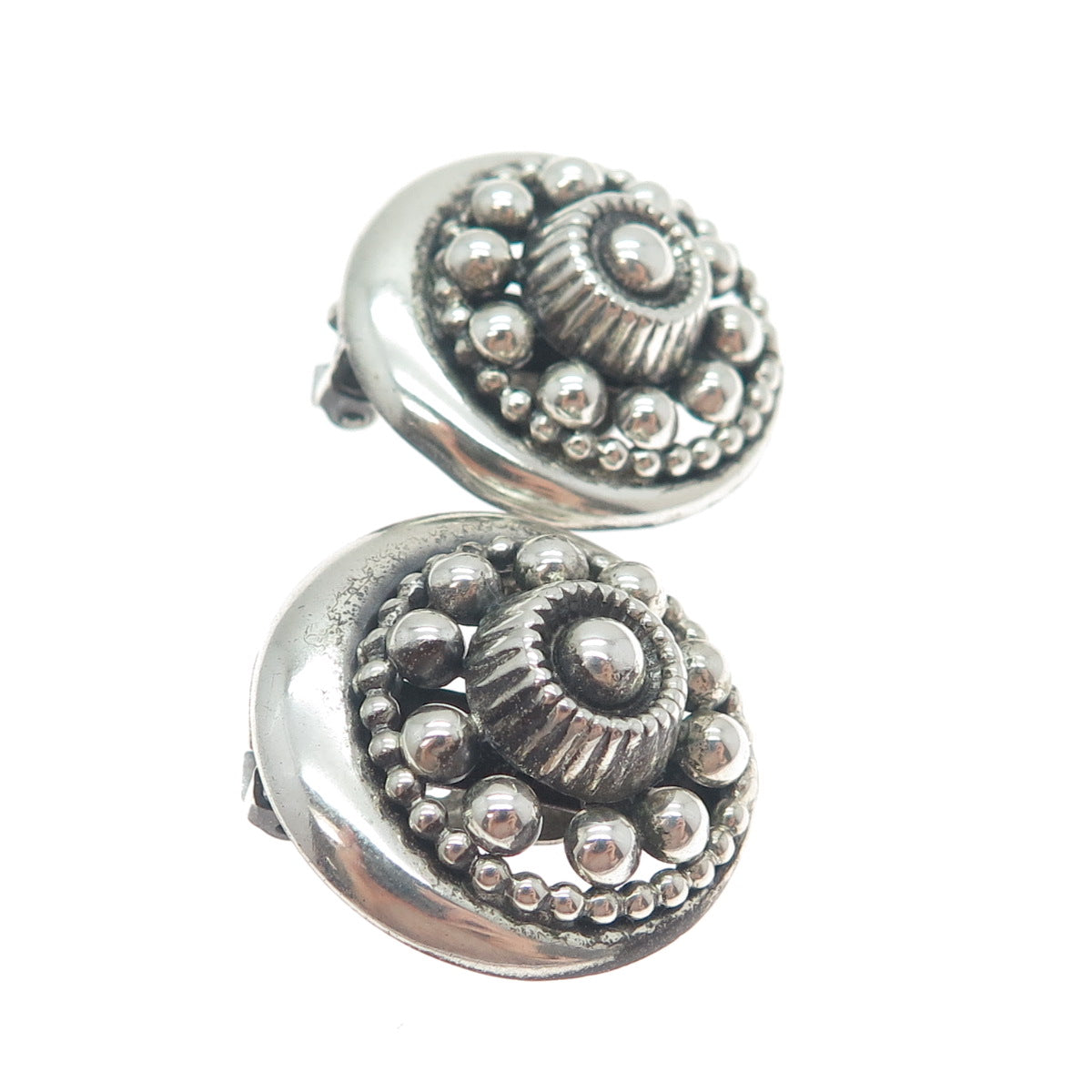 DANECRAFT 925 Sterling Silver Antique Art Deco Beaded Oxidized Clip On Earrings