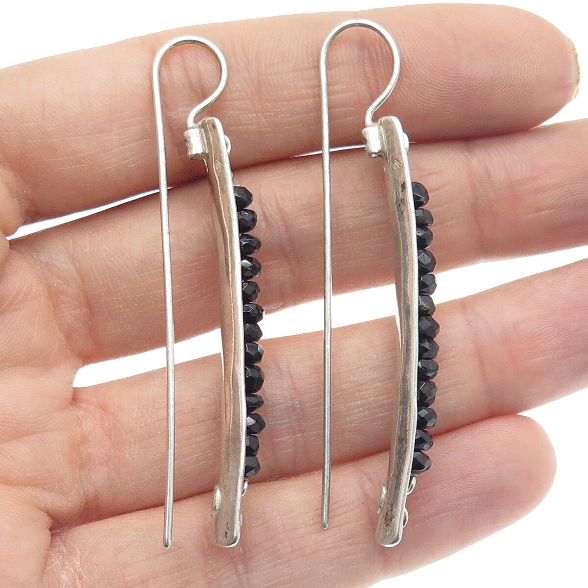 925 Sterling Silver Vintage Real Black Onyx Beads Modernist Earrings