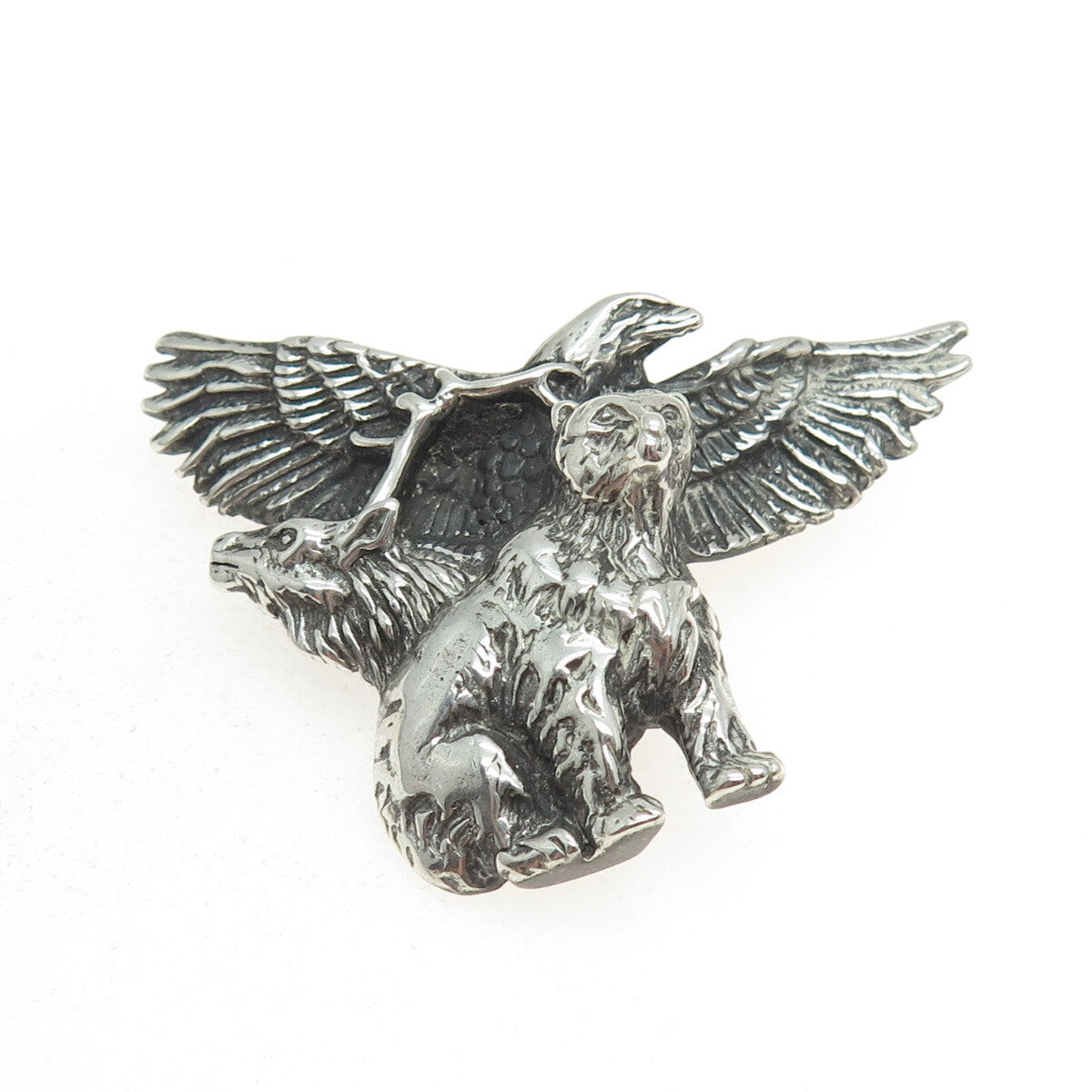 SHUBE 925 Sterling Silver Vintage American Eagle & Bear Pin Brooch