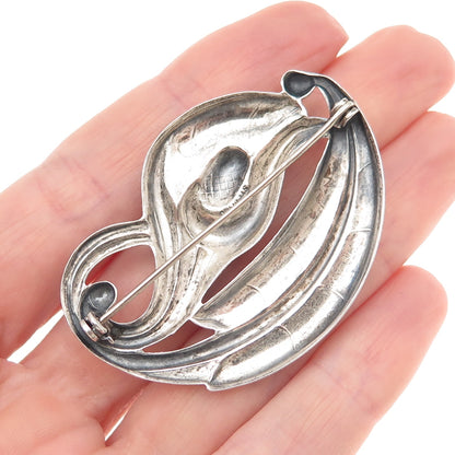 925 Sterling Silver Vintage Calla Lily Floral Oxidized Pin Brooch