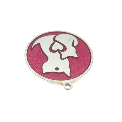 Tokemoti 925 Sterling Silver Pink Enamel Cat & Dog Round Tag Minimalist Pendant