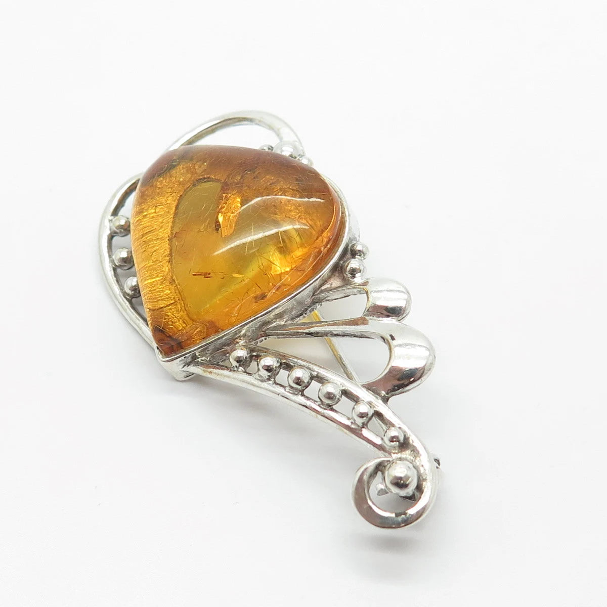 925 Sterling Silver Vintage Real Amber Beaded Heart Pin Brooch