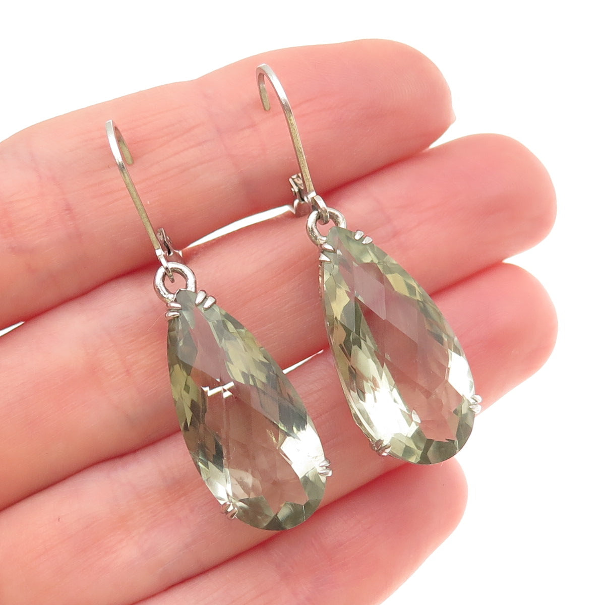 925 Sterling Silver Real Pear-Cut Green Amethyst Dangle Earrings