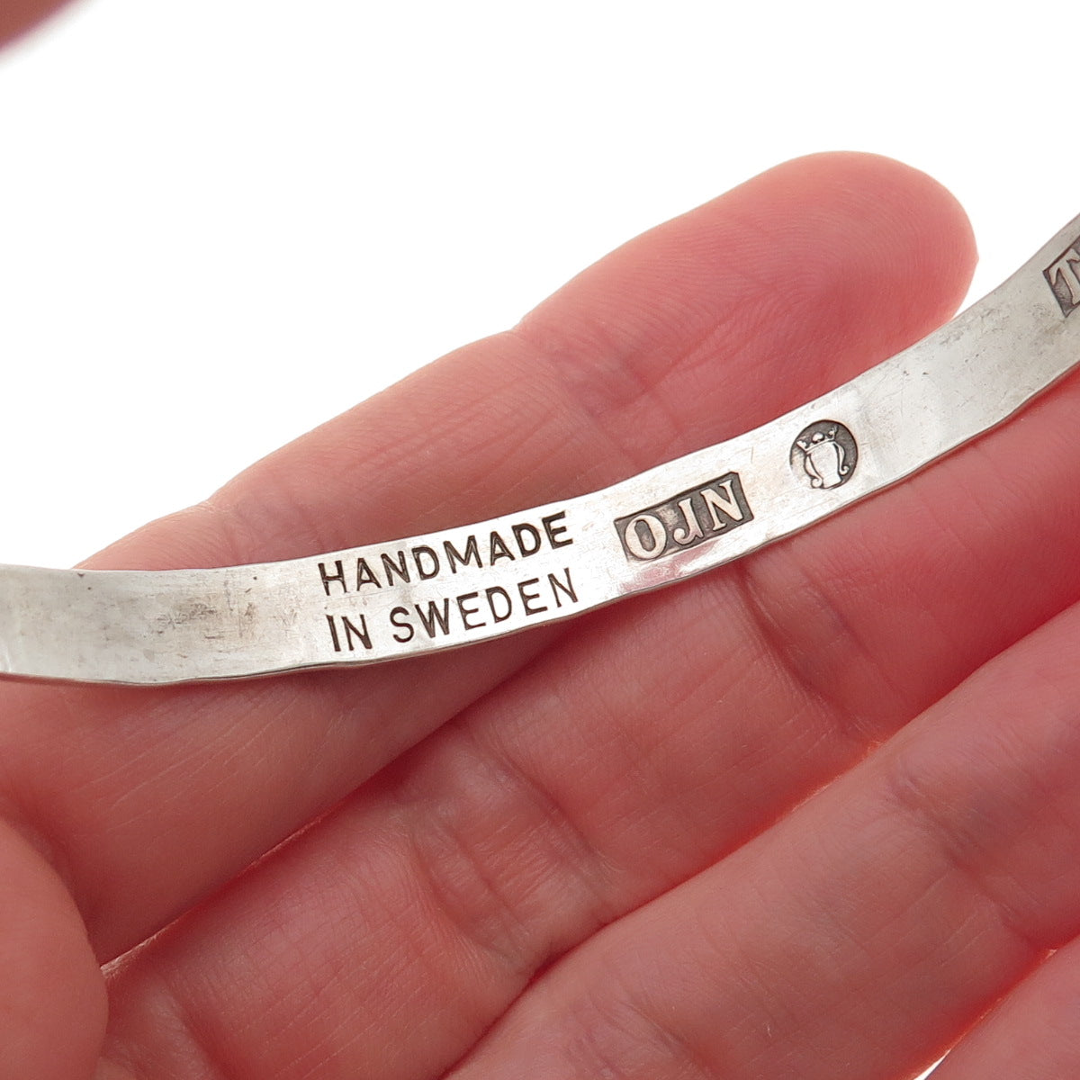 835 Silver Vintage 1969 NRO Sweden Modernist Hammered Bangle Bracelet 8.5"