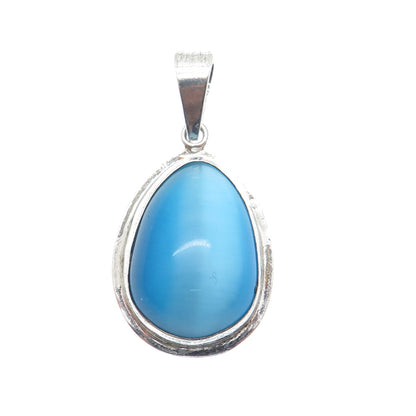925 Sterling Silver Vintage Optic Fiber Blue Cat's Eye Teardrop Pendant