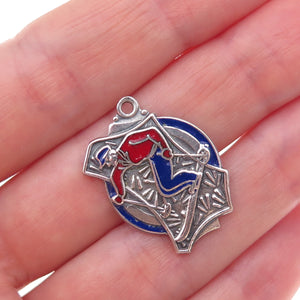 925 Sterling Silver Vintage Enamel Downhill Skier Oxidized Charm Pendant
