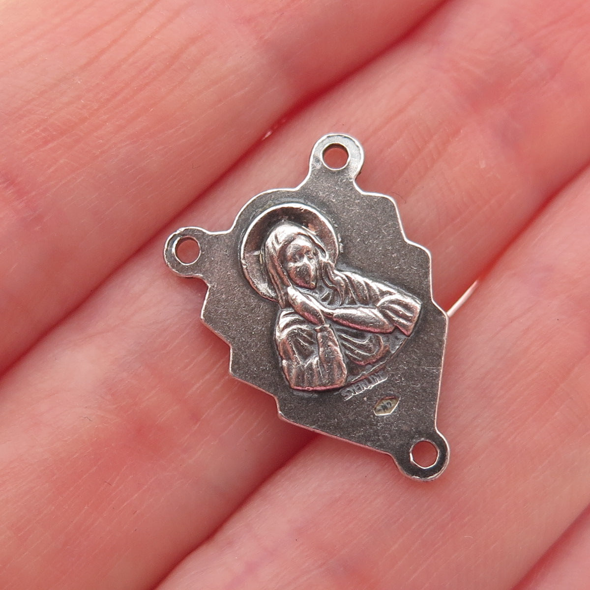 925 Sterling Silver Antique Art Deco Jesus Sacred Heart Rosary Chain Pendant