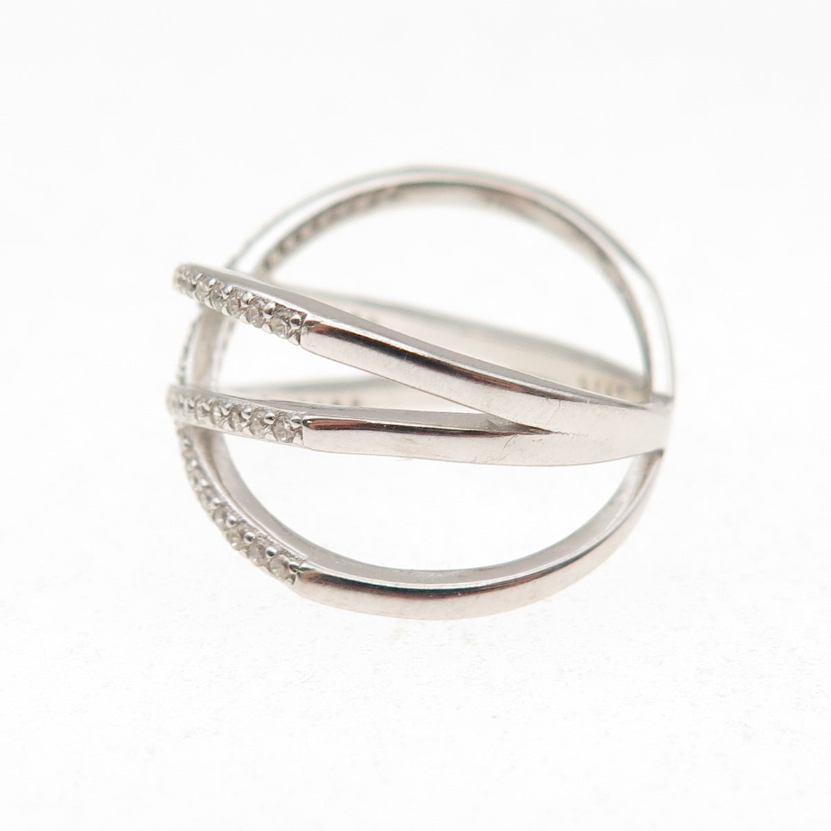 925 Sterling Silver Round-Cut C Z Crisscross Ring Size 7