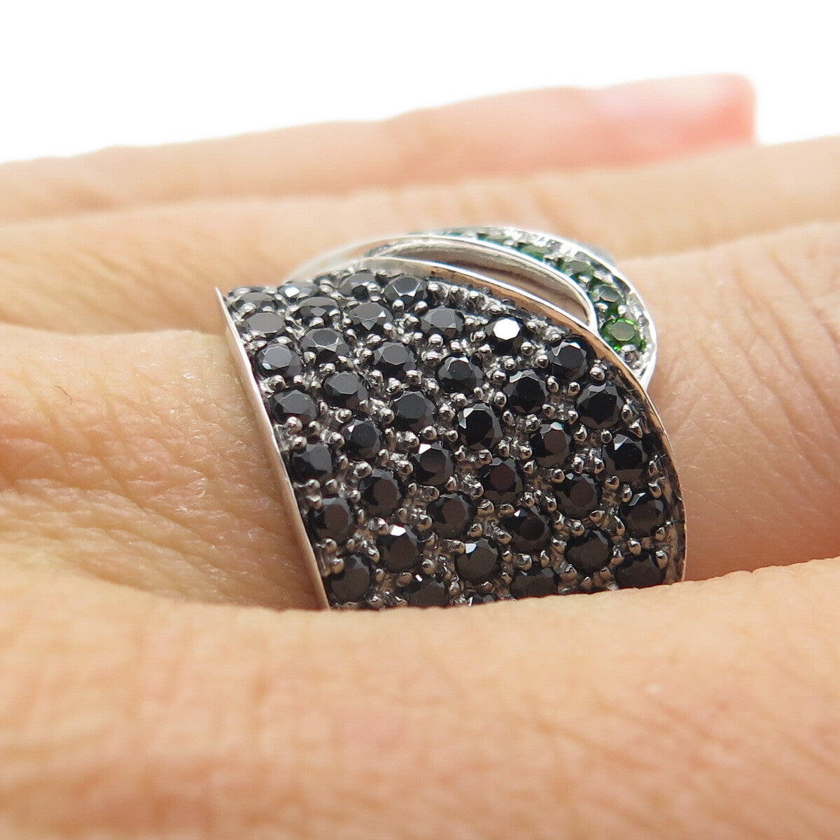DSMK 925 Sterling Silver Chrome Diopside & Black Spinel Gem Wide Ring Size 6.25