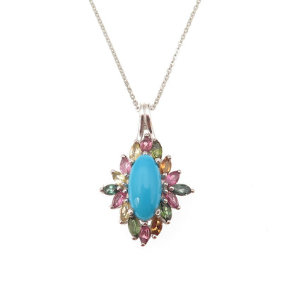 D'Joy 925 Sterling Silver Real Turquoise & Multi-Tourmaline Chain Necklace 20"